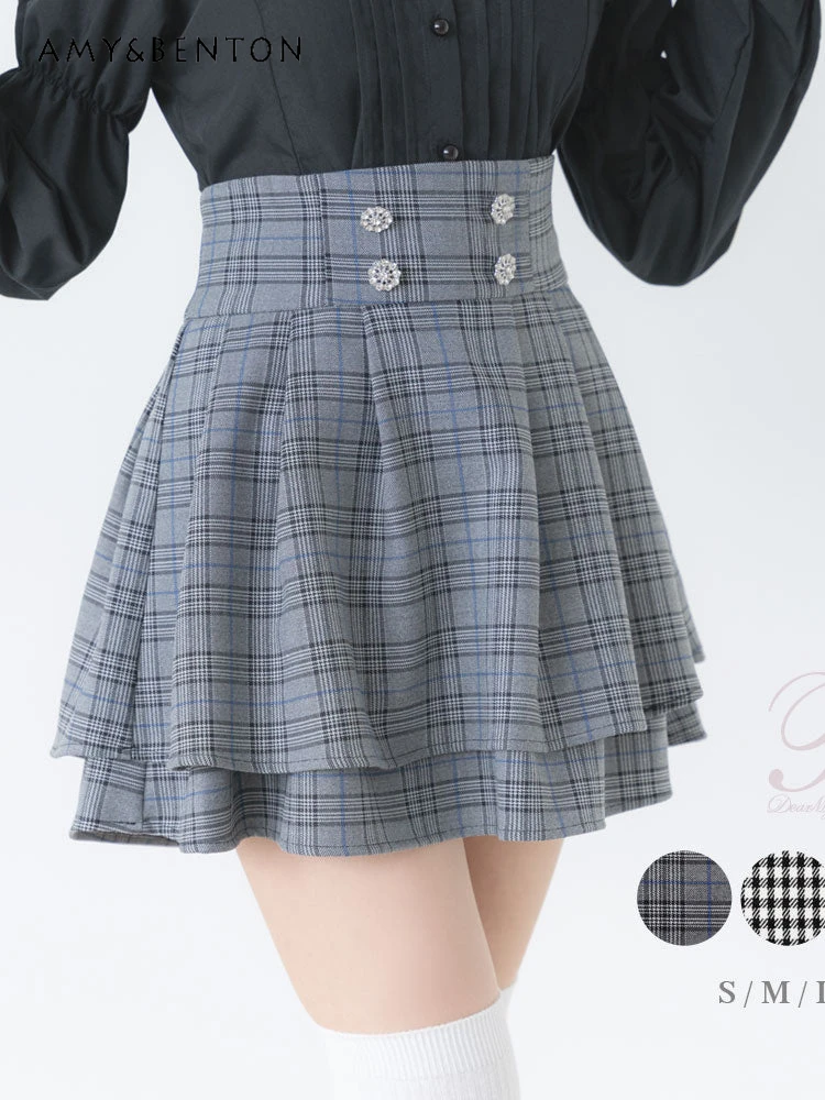 Japanese Sweet Beaded Rhinestone High Waist Slim Pleated Skirt Mine Mass-Produced Cute Mini Plaid Skirt Kawaii Gothic Y2K Skirt