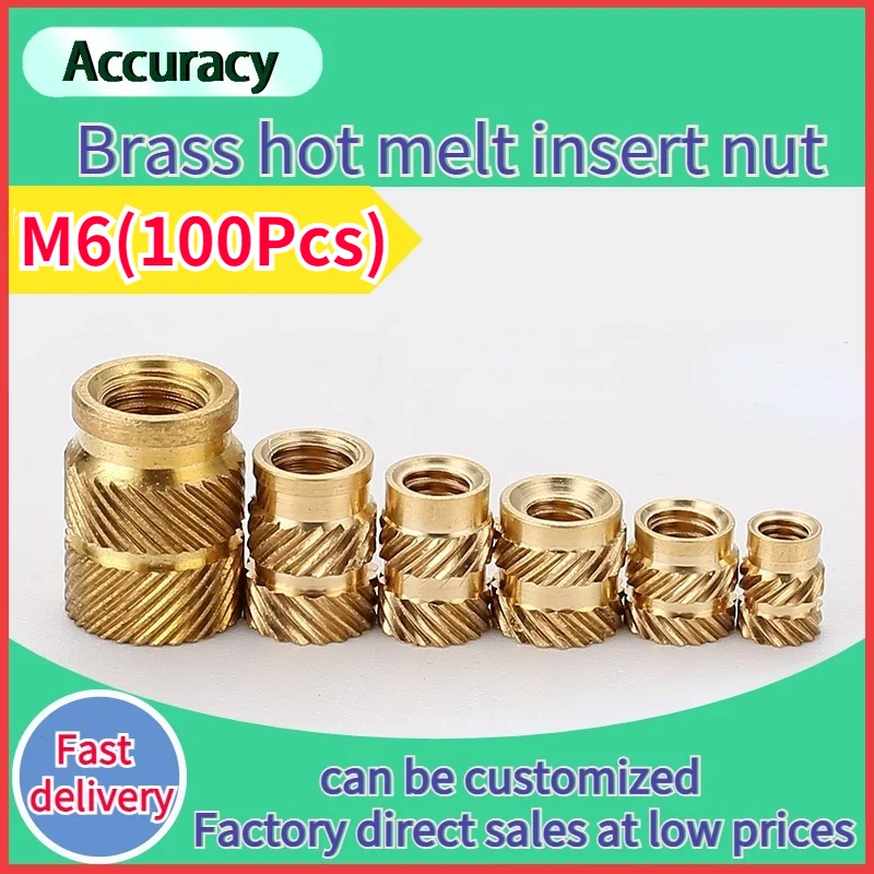 

100Pcs M6 Brass Hot Melt Insert Nuts Heating Molding Copper Thread Inserts Double Twill Knurled Injection 3Dprinter Components