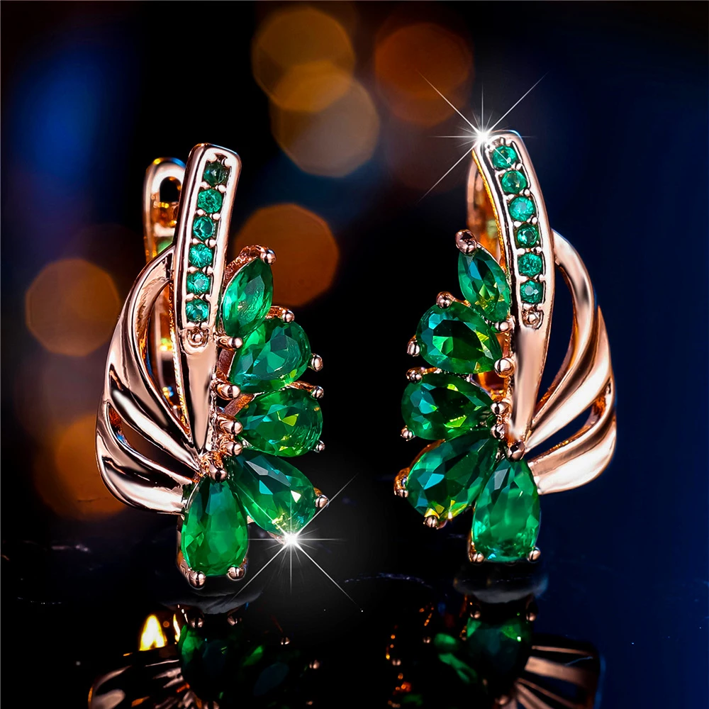 Luxury Female Green Zircon Stone Clip Earrings Charm Gold Color Trendy Wedding Jewelry For Women