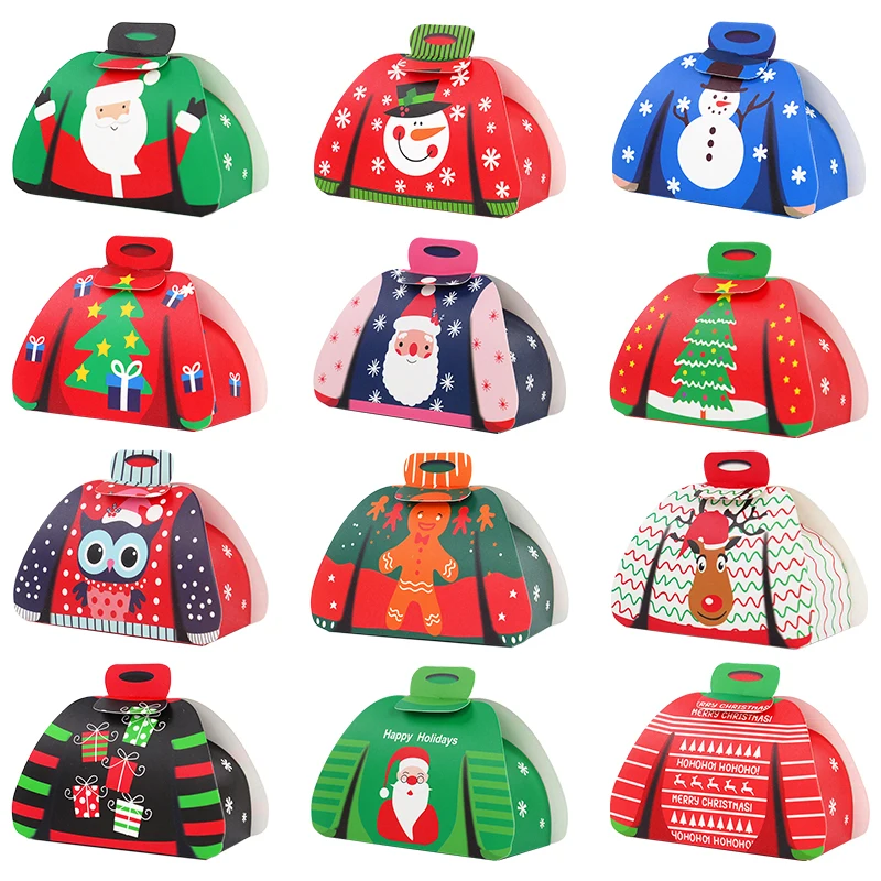 

12pcs Sweater Design Cartoon Christmas Candy Box Kids Favors Xmas Tree Santa Print Chocolate Gift Packaging Box New Year Supplie