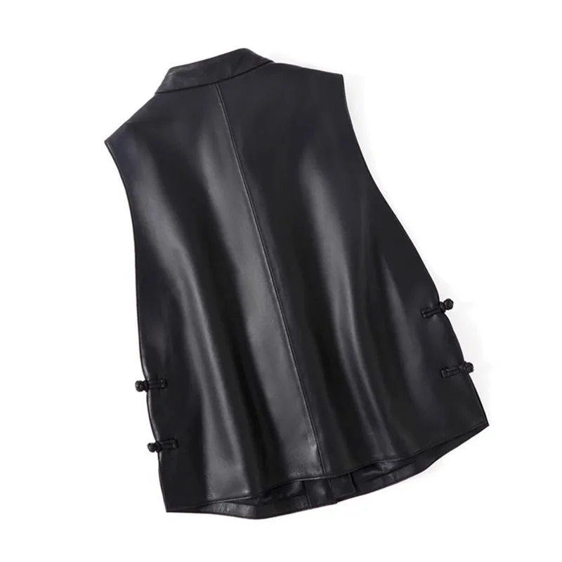 Leather  Waistcoat Women's Standing Collar Sheep Vest Cheongsam Collar Chinese Style Disc Buckle Vintage Printed Sheepskin Vest