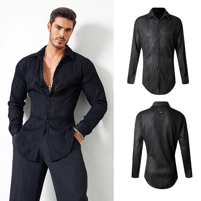 Modern Latin Dance Shirt Men Embroidered Net Yarn Latin Tops Male Professional Clothes Salsa Rumba Ballroom Dance Top SL6908