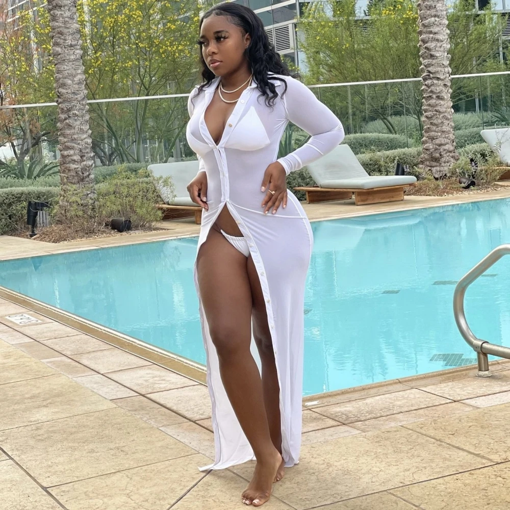 

Women Swimsuit Cover-up Long Maxi Dress Fashion Sexy Perspective Mesh Long Sleeve Sunscreen See Through Club Beach Cover Up