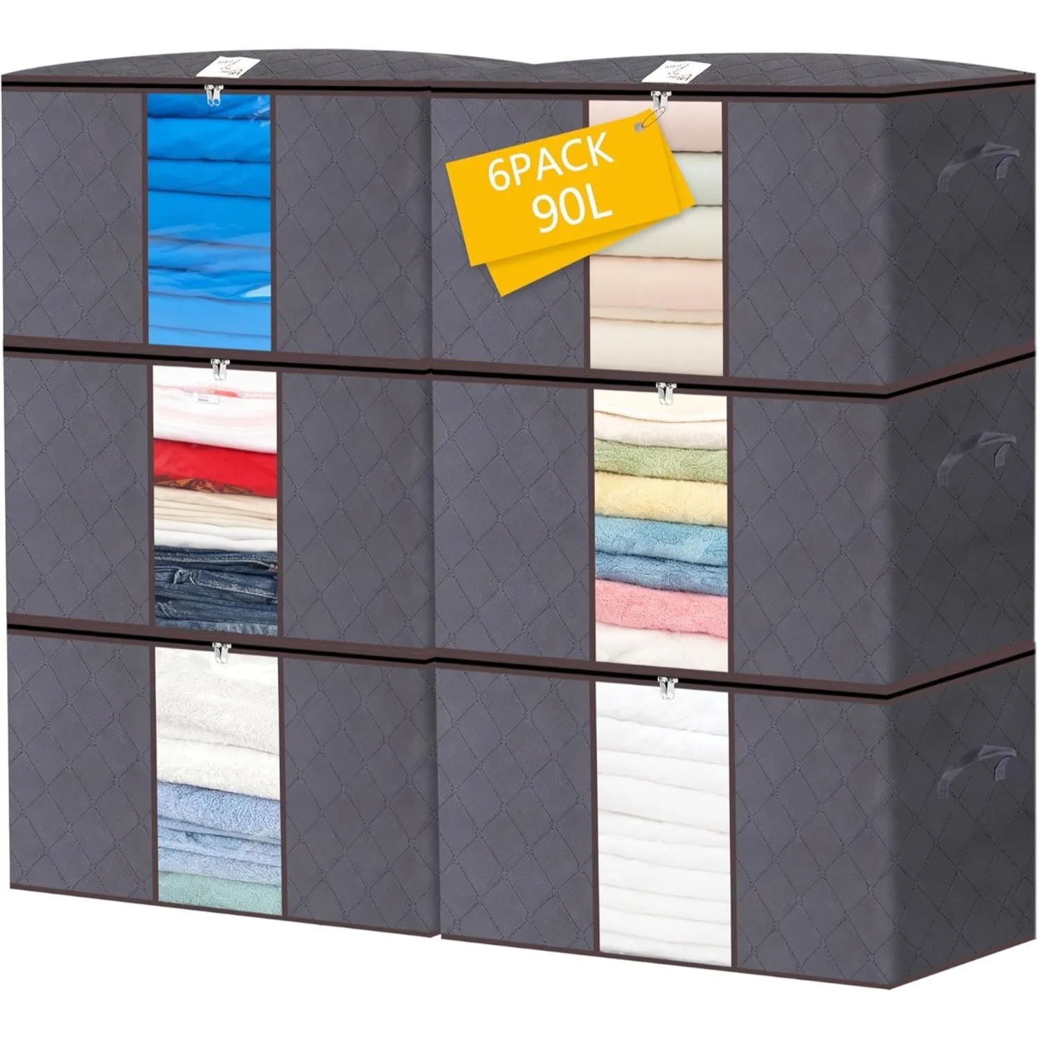 6pcs 90L Large Capacity Fabric Storage Bags for Clothes & Bedding | Foldable Wardrobe Organizers with Handles & Clear Window | D