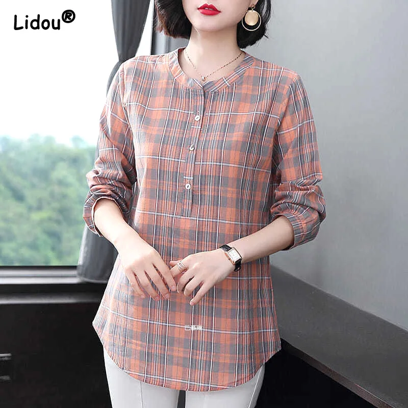 Spring Summer Plaid Casual Women Shirt Women's Clothing 2022 Button Tops Stand Loose Comfortable Straight Plus Size Office Lady