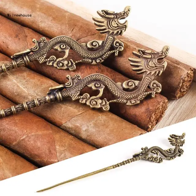Retro Metal Dragon Carving Cigar Draw Tool Vintage Portable Dredge Drilled Engraving Ventilation Needle Enhancer Dropship - Image 2