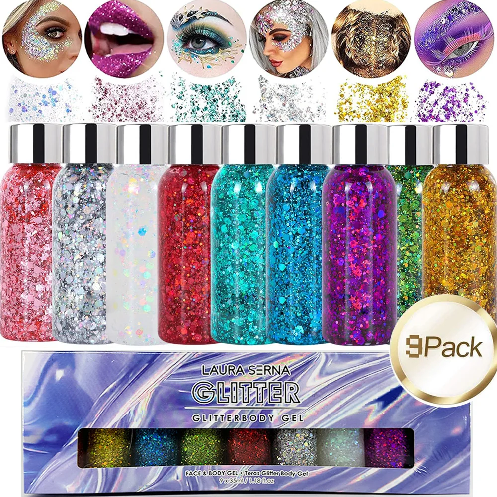 9PackFaceGlitterGelMermaidSequinChunkyGlitterBarMakeupLip