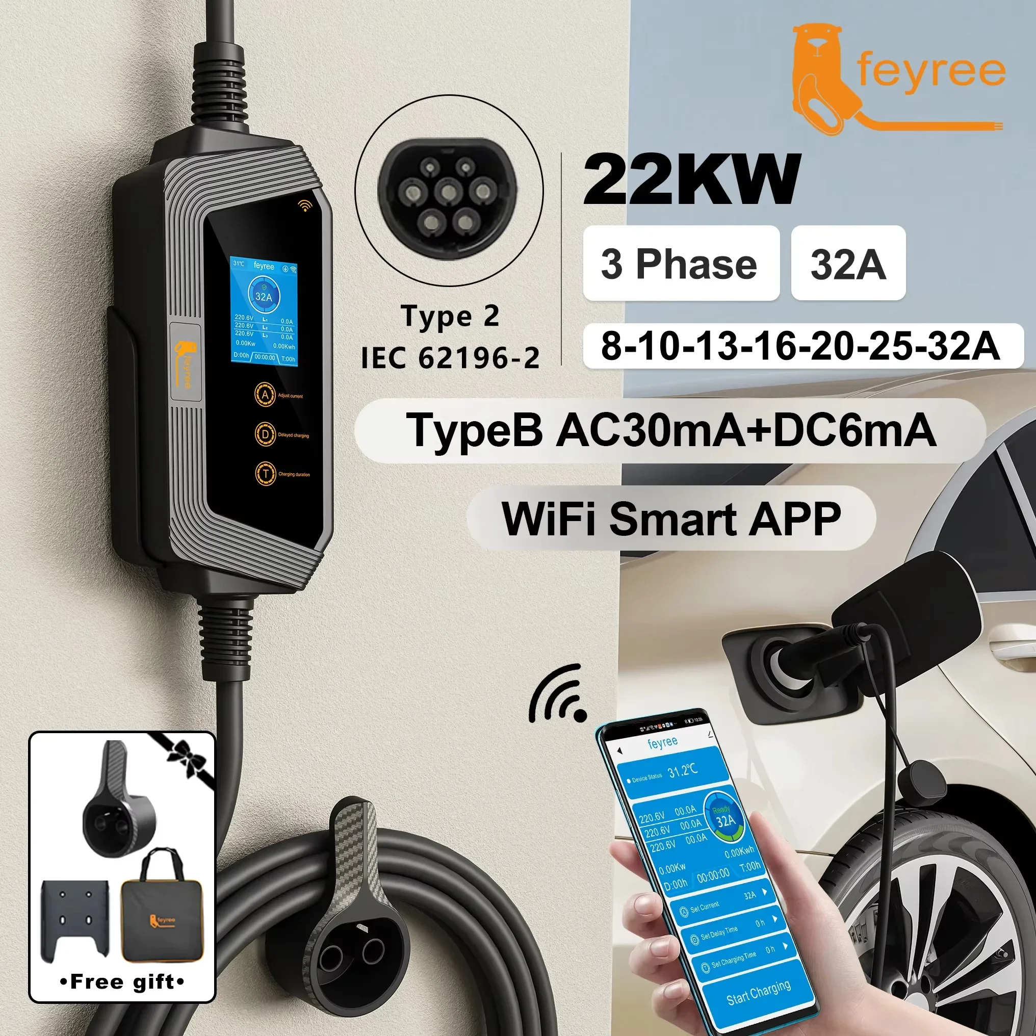 22KW 32A 3Phase Type2 EV Charger ev charger Wi-Fi APP Control EVSE Portable Charging Box Charging Station For Electric Car Charger