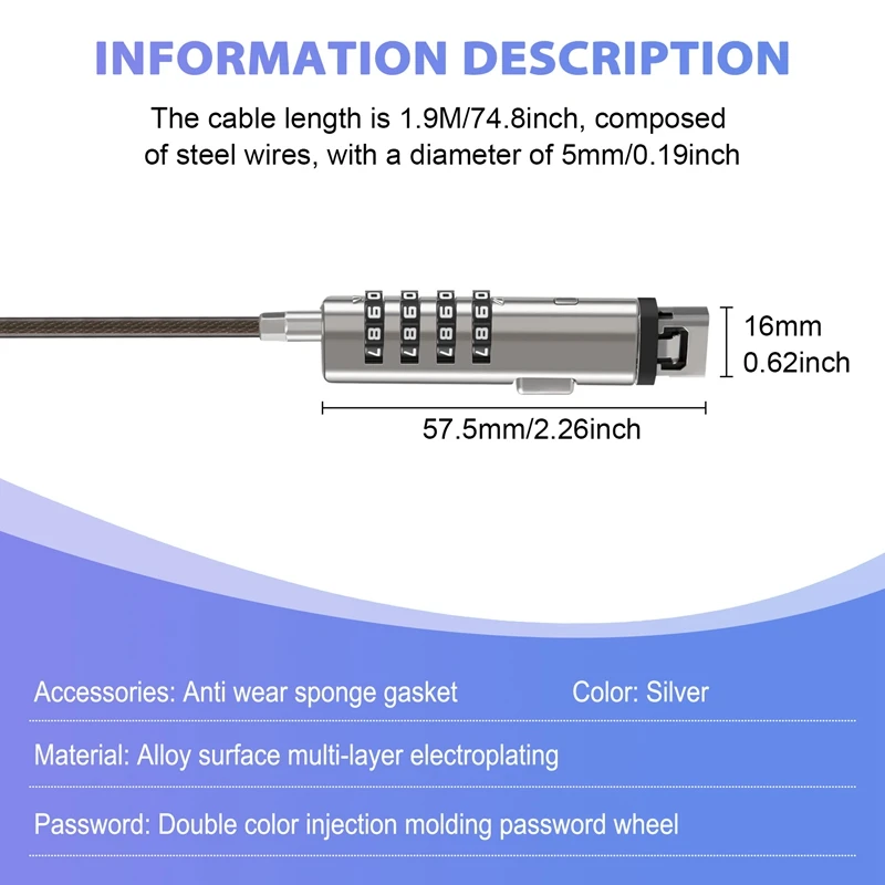 4 Digital Universal Lock USB Laptop Security Cable Lock For Computer