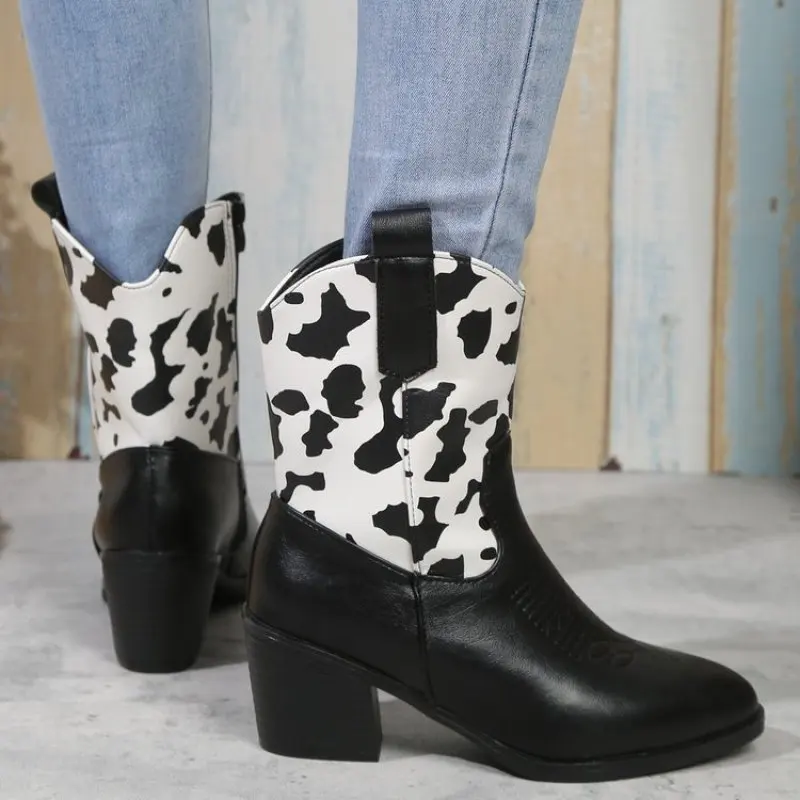 Cowboy Boots for Women Embroidered Pointy Toe Square Heeled Knee-high Western Cowgirl Boots Women Shoes Comfymfy Black white New