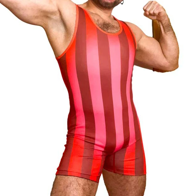 Red Vertical Stripes Wrestling Singlet Bodysuit Leotard Outfit GYM PowerLifting Swimming Running Weightlifting Skinsuit