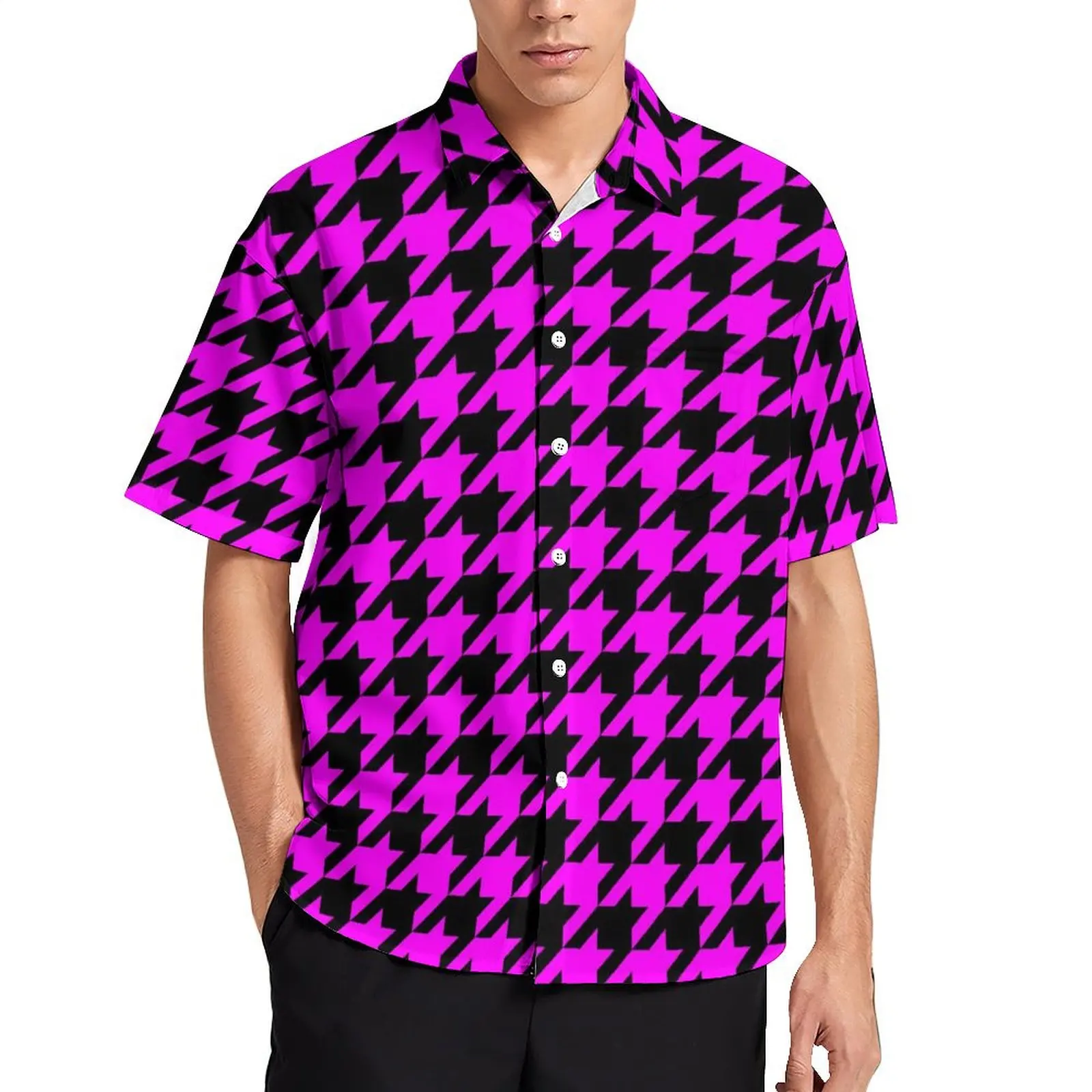 

Retro Houndstooth Summer Shirt For Men Vacation Purple And Black Casual Shirts Short Sleeve Comfortable Elegant Oversize Blouses