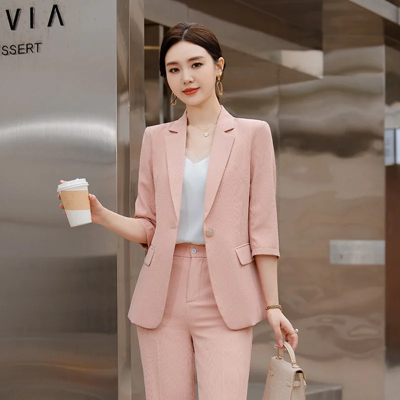 Office Pant Suits for Women Three Quarter Streetwear Casual Two Piece Set 2024 New Spring Summer Single Button Solid Pant Suits - Image 4