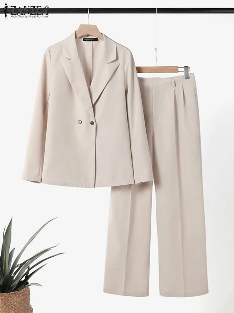 ZANZEA Korean Fashion Blazer Tops 2pcs Suits Autumn 2024 Solid Color Women Elegant Pant Sets Trousers Commute Blazer Suits 1