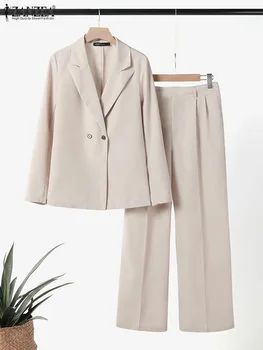 ZANZEA Korean Fashion Blazer Tops 2pcs Suits Autumn 2024 Solid Color Women Elegant Pant Sets Trousers Commute Blazer Suits 1