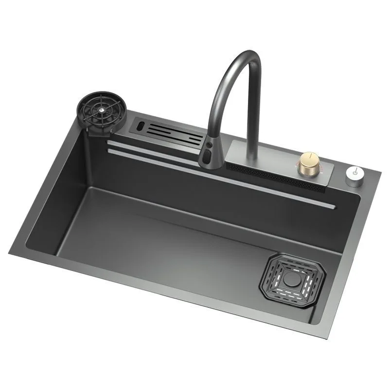 2024 Kitchen Sink 304 Stainless Steel Waterfall Kitchen Sink Black Large Single Bowl With Multifunction Touch Waterfall Faucet 6