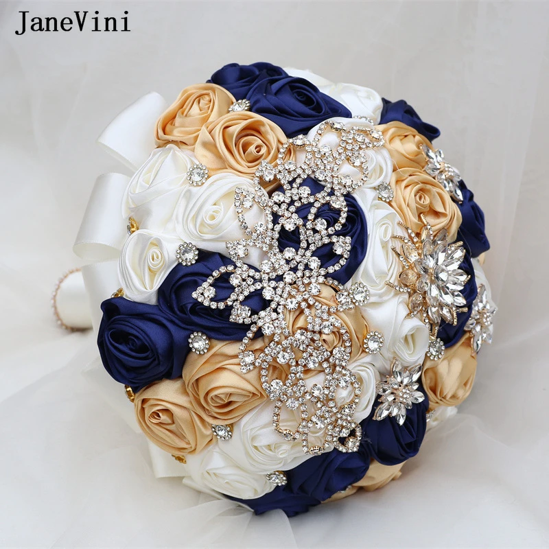 JaneVini Navy Blue Wedding Bouquets with Golden Rhinestones Artificial Satin Roses Bridal Bridesmaid Bouquet Flowers