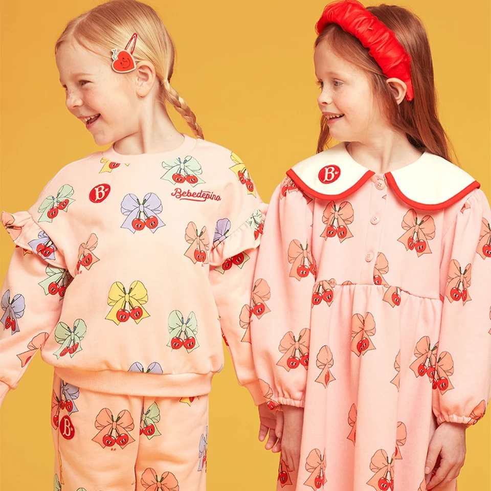 Korean Bebe Autumn Boys Girls Cartoon Sweatshirt Pants Baby Kids Hoodies Trousers Leggings Dress Tops Children Clothes Set