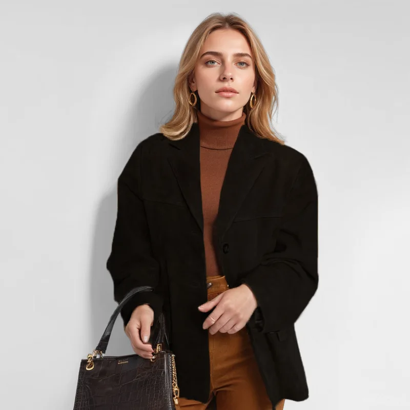 Vintage Brown Blazer Women Suede Leather Jacket Autumn Fashion Single Breasted Lapel Loose Coats Street Office Lady Outerwears 2