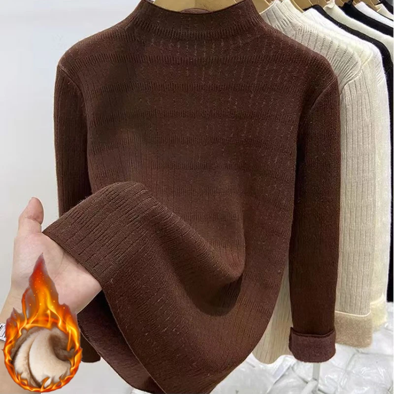 Women Warm Knitted Turtleneck Sweater Winter 2025 Solid Base Layer Top Korean Style Fleece Lined Long Sleeves Thick Pullover 45
