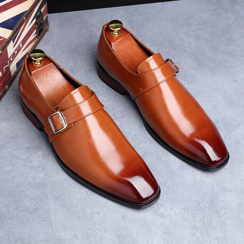 Men's Retro Casual Business Shoes Microfiber Leather Square Toe Slip-on Buckle Dress Office Flats Wedding Party Oxfords