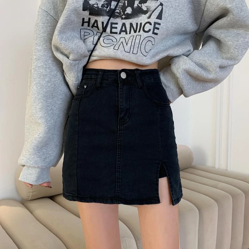 

Anti-glare design open fork denim skirt female ins tide Slim black elastic high waist half-body package hip a word short skirt