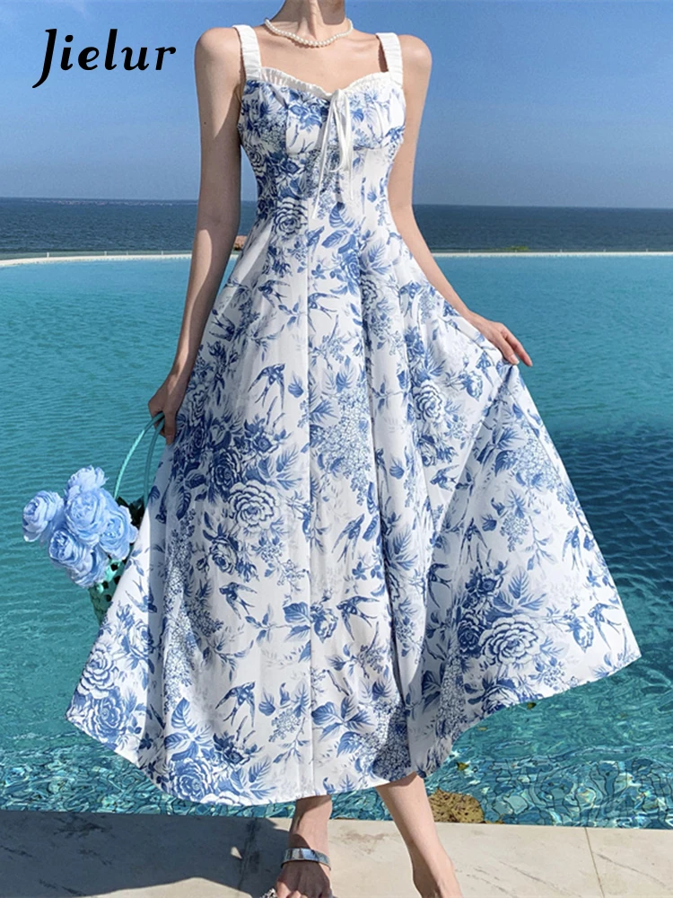 Jielur Floral Printed Women Dress Sleeveless Mesh Lace-up