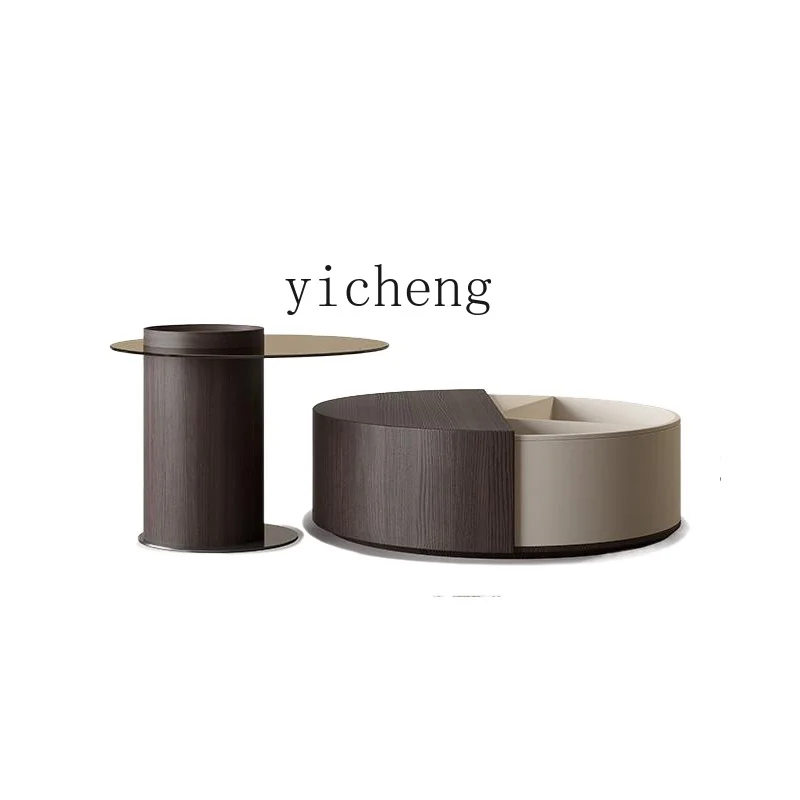 

ZC Minimalist round Coffee Table Combination Rotating Solid Wood Simplicity Modern Living Room Home Glass Side Table