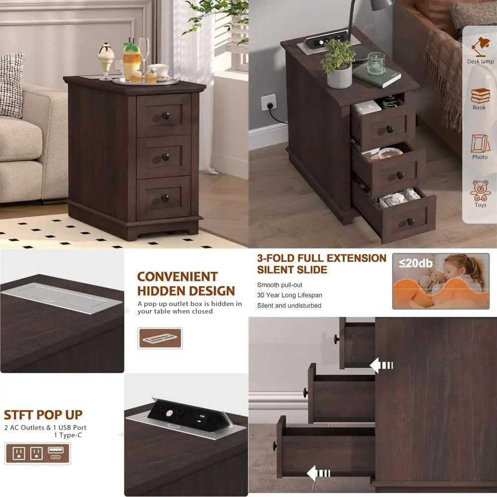 3-drawer wood end table with flip-up charging station and power outlets - AliExpress 1503