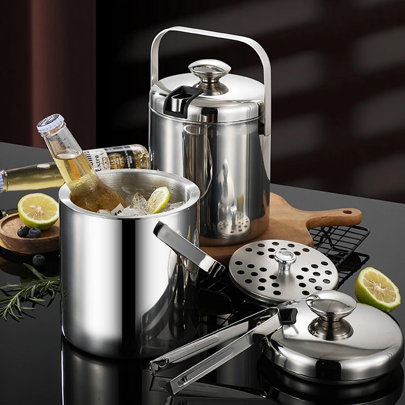 1.3L Ice Bucket With Tongs Double Wall Strainer Handle Home Bar Parties Chilling Beer Champagne Stainless Steel Cooler Buckets