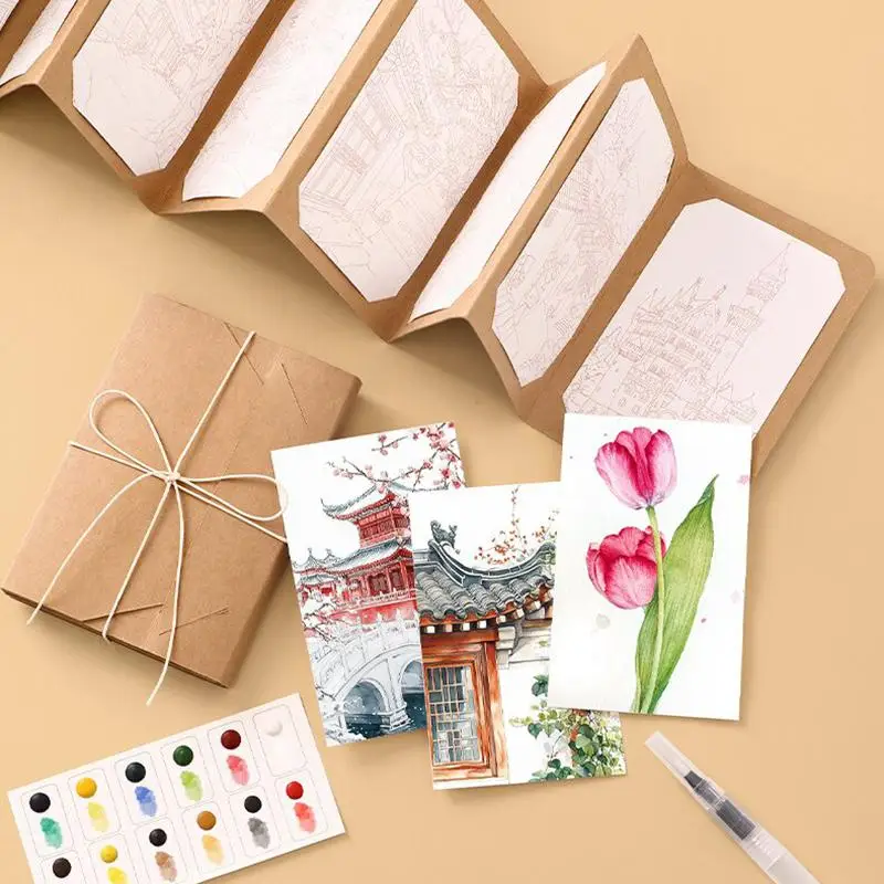 9장/세트 수채화 그림 세트, 두꺼운 수채화 접이식 보관 책(펜 포함), 휴일 생일 선물, 파티 선물