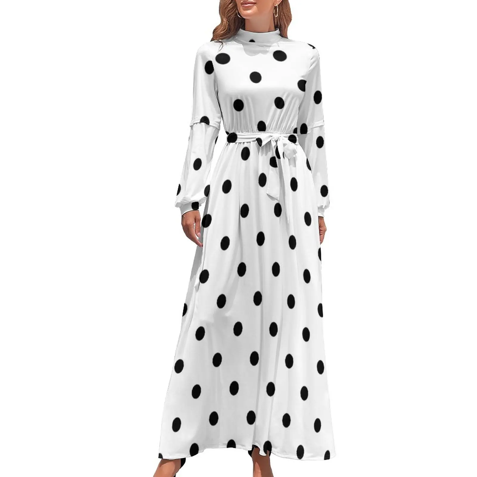 

Classic Polka Dot Dress White Black Polkadots Retro Aesthetic Beach Dresses Lady Long Sleeve High Waist Vintage Long Maxi Dress