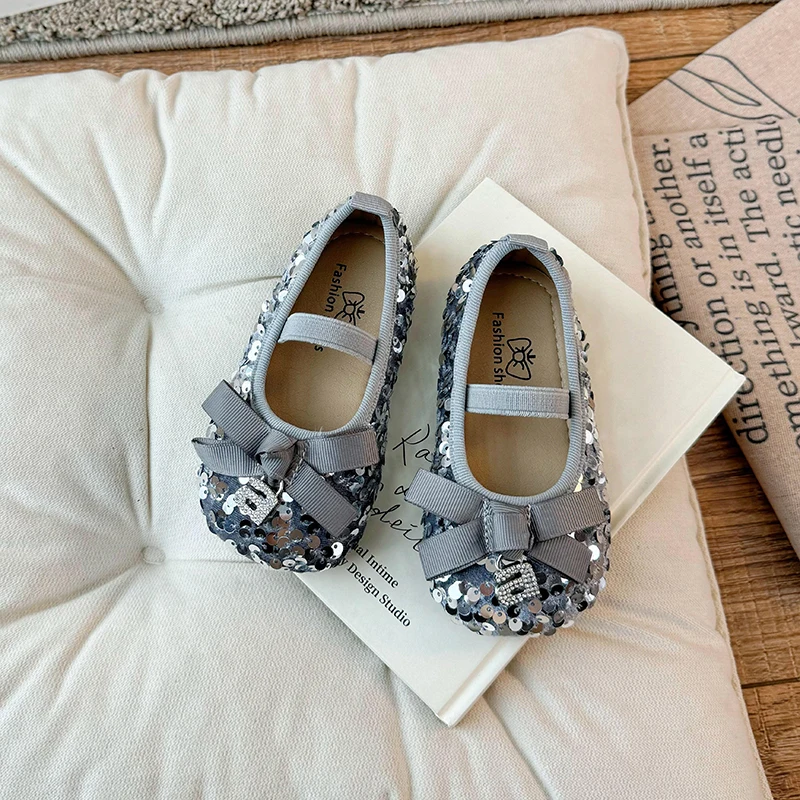 Children Lesther Shoes for Girls Spring/Summer New Single Shoe for Party Cute Korean Sequin Bow Fashionable Princess Flats