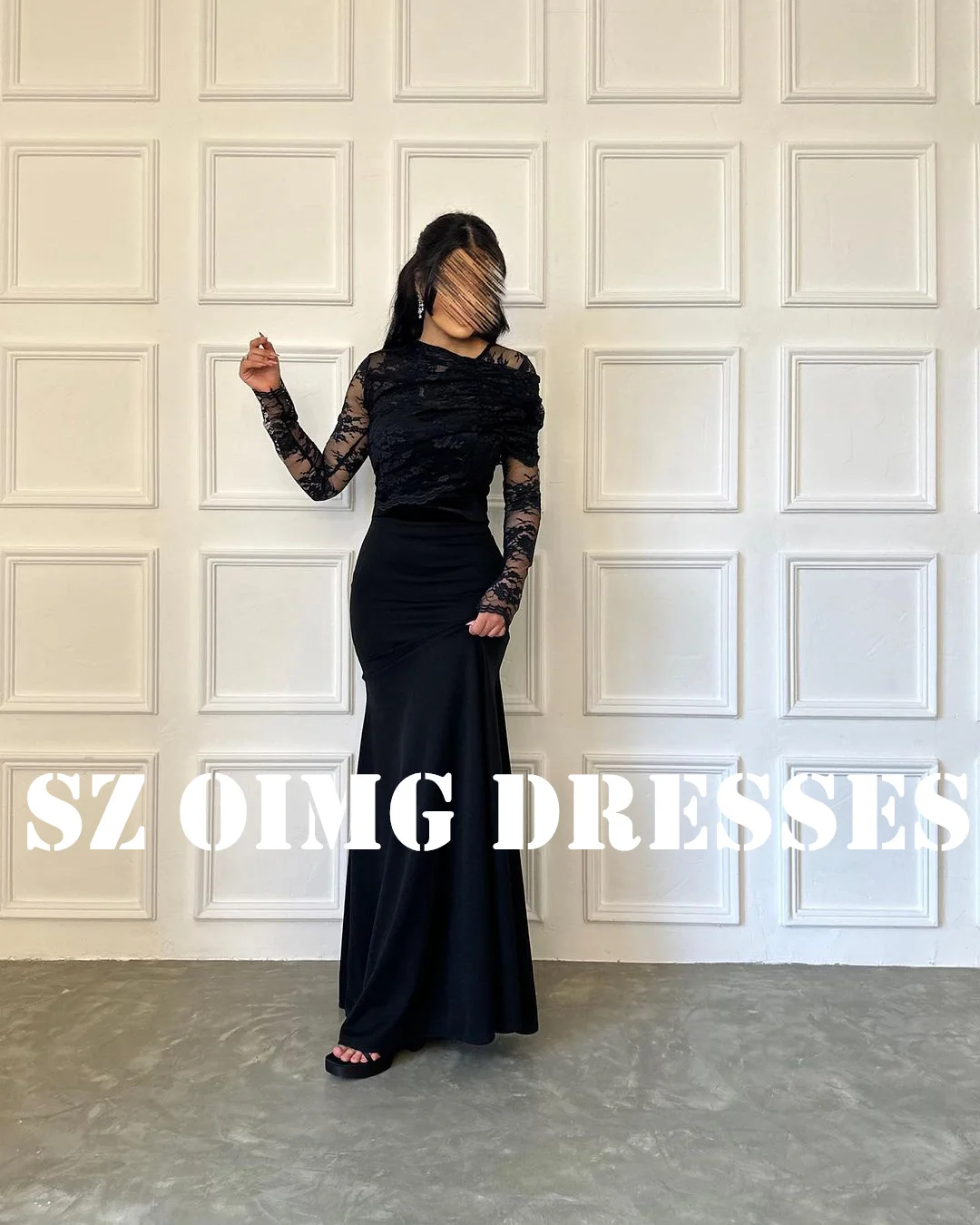 

OIMG New Design One-Shoulder Sheath Prom Dresses Saudi Arabic Women Satin Lace Black Ruched Evening Gowns Formal Party Dress