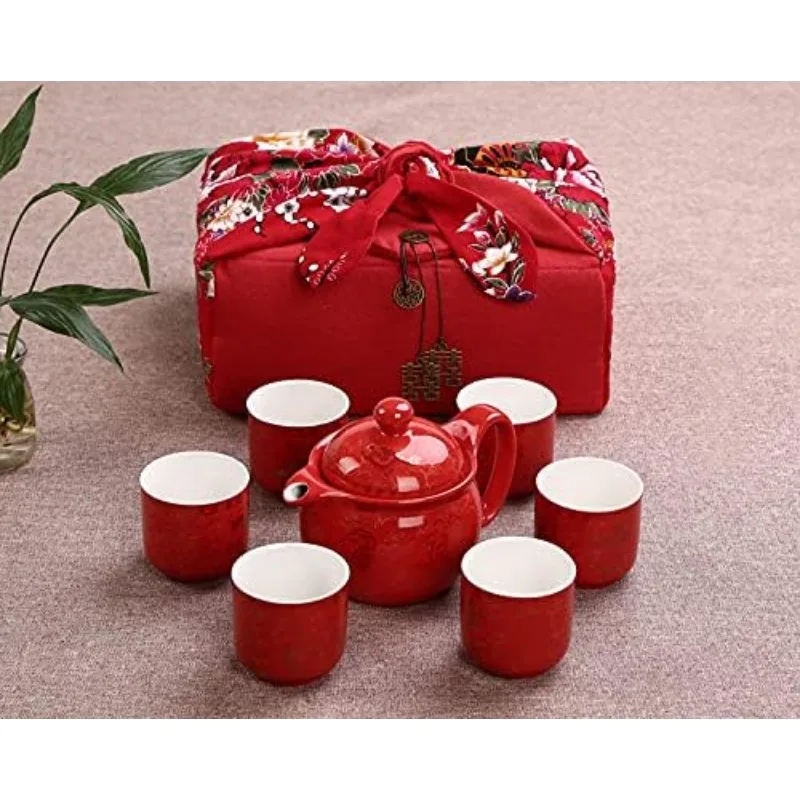 Chinese Traditional Wedding Decoration Supplies Double Happiness Porcelain Tea Set Teapot and Tea Cup 7 Pcs, Red Wedding