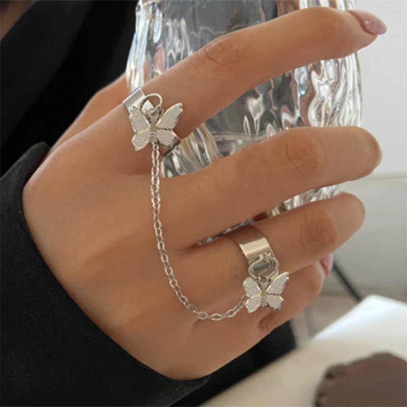 Elegant Tassel Butterfly Chain Rings For Women Girls Shiny Rhinestone  Zircon Multi-layer Open Rings Set Punk Fashion Jewelry