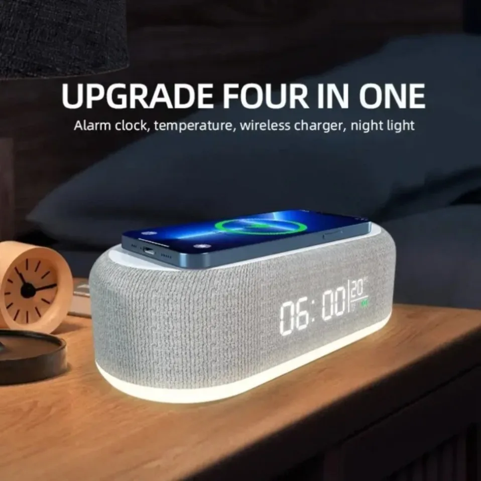 Base de Carga Inalámbrica con Alarma, Lámpara de Noche, Reloj de Escritorio y Termómetro para iPhone 17, 16, 15, 14, 13, con Carga Rápida 4