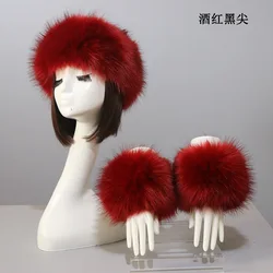 Women New Winter Faux Fox Fur Headband Hats Cuffs Fashion Warmth Female Wrist Sleeve Gloves Faux Fur Cap Fashion Sets 3pcs/set