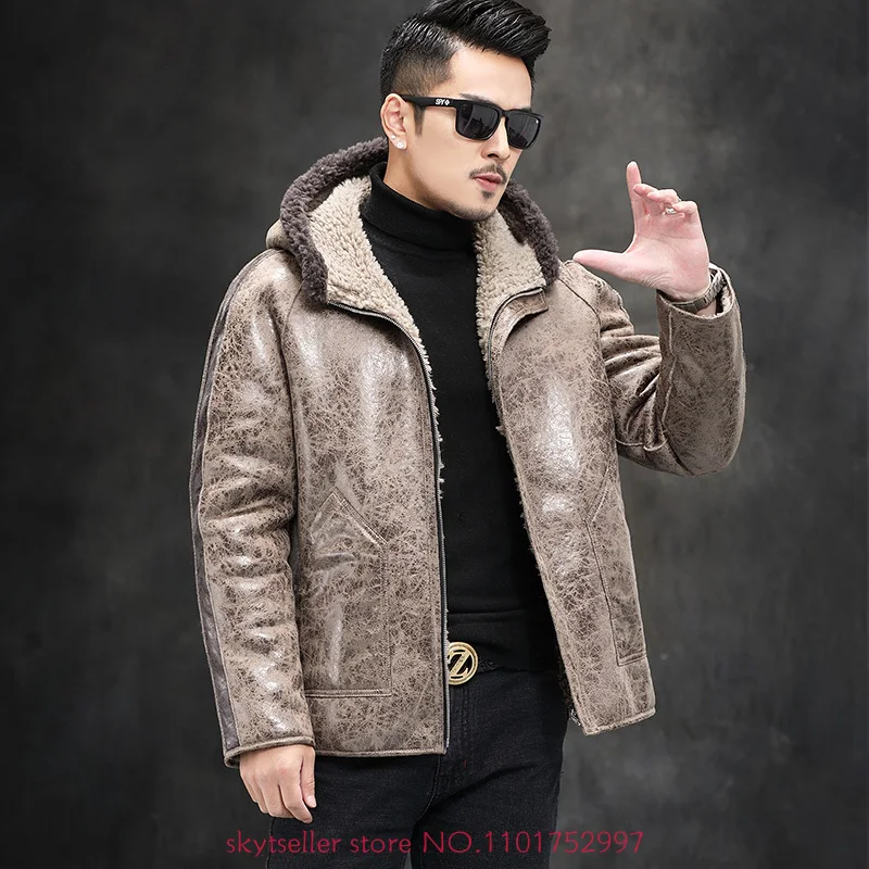 

2022 Autumn Winter Men Fashion Double-sided Wear Coats Men's Sheep Shearing Hooded Jackets Male Short Genuine Fur Outerwear N30