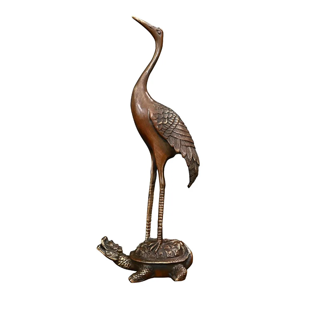 Chinese Solid Brass Feng Shui Statue - Crane on Turtle Figurine for Longevity & Good Luck, Antique Home Office Desk Decor Gift