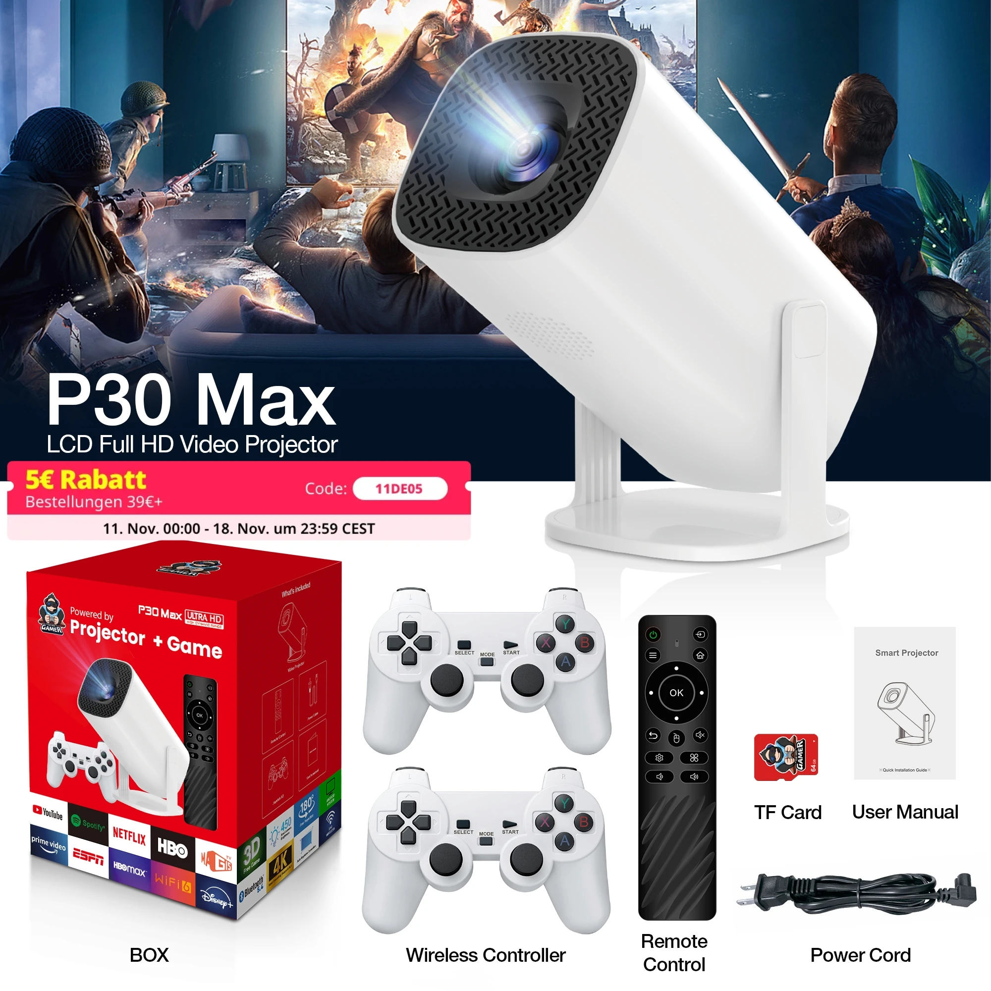 3D Game Projector P30MAX Retro Video Game Console Wireless Controller 4K ULTRA HD plug and play Android11 BT5.0 720P Home Cinema portable projector