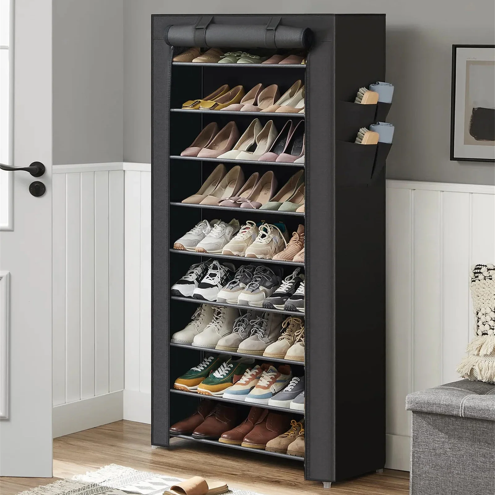 Black Shoe Rack with Cover Narrow Shoe Organizer with 4 Side Pockets 9 Tier Tall Shoe Storage Holds 27 Pairs Shoes and Boots