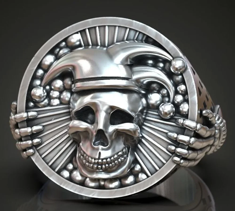 25g Jester Jocker Clown Undead Skull Punk Style Mens Rings  Customized 925 Solid Sterling Silver Rings Many Sizes 6-13