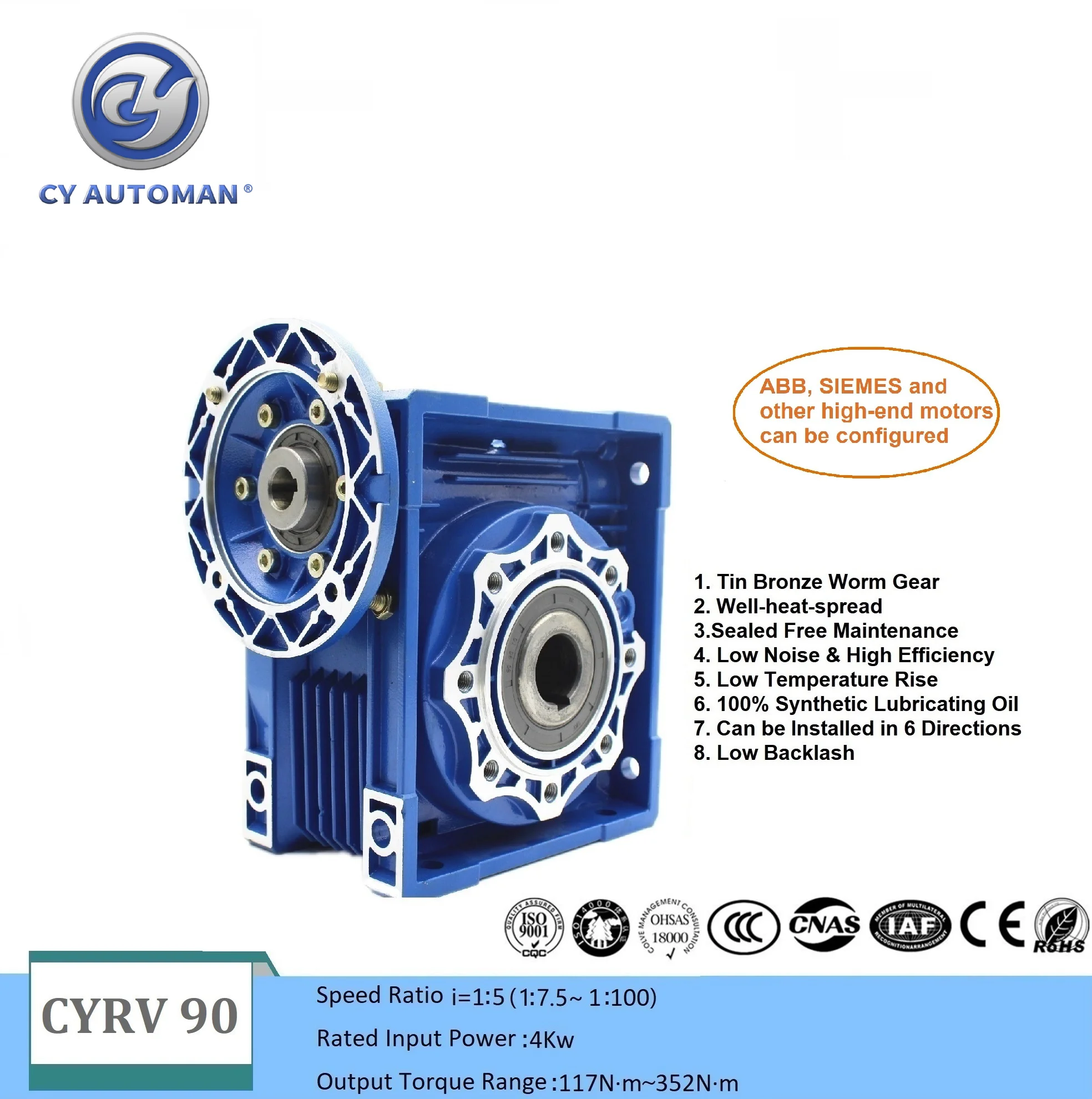 

CYAutoman Worm Gearbox Free maintenance NMRV090 RV90 Input19/22/24/28mm Output 35mm Ratio 5:1/100:1 for Round Square Flange