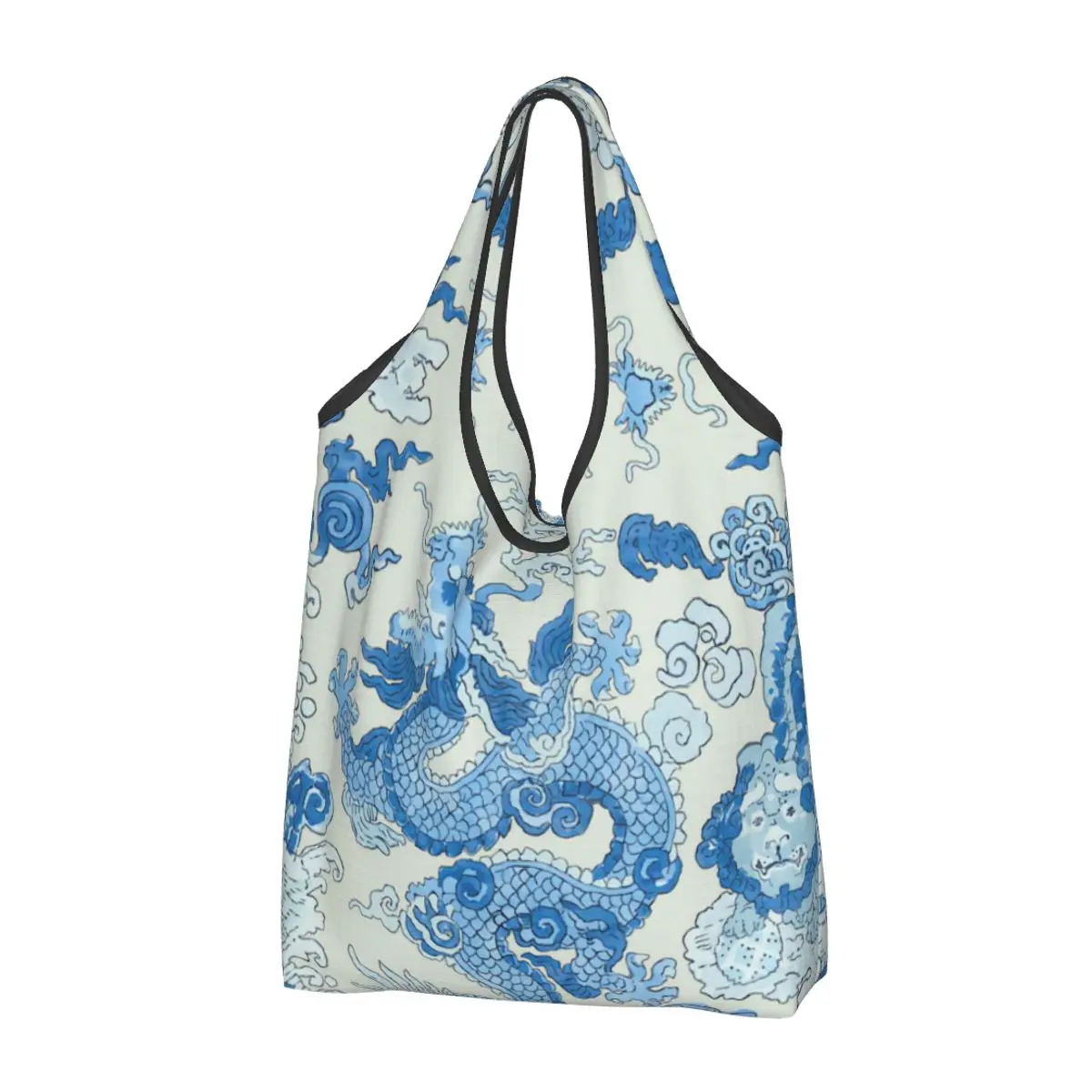 

Reusable Magic Mountain Dragon Porcelain Bule Chinoiserie Shopping Bag Tote Bag Portable Antique Delft Grocery Shopper Bags