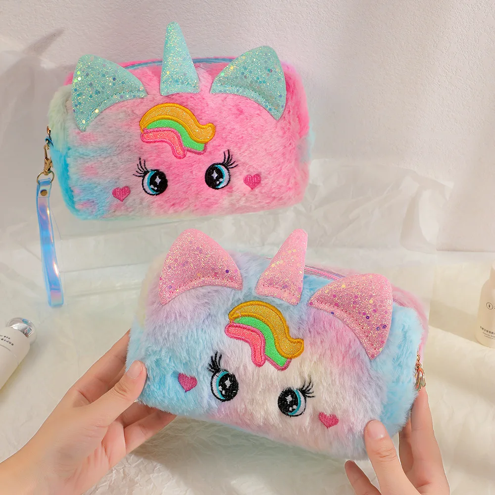 New Fur Plush Unicorn Cosmetic Bag for Women Plush Girl Makeup Bag Female Beauty Case Travel Portable Toiletry Makeup Case Bag 4