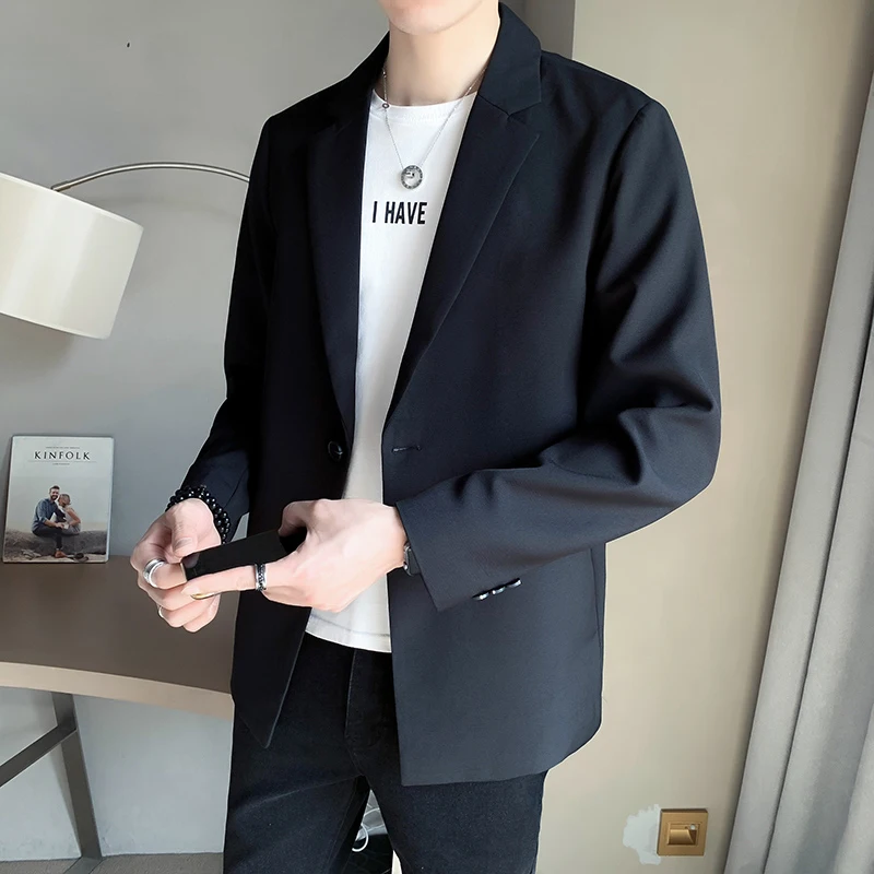 Men Blazer Suit Jackets Coat Slim Fit Smart Casual Spring Thin Fashion Clothing Asian Single Breasted Korean Black