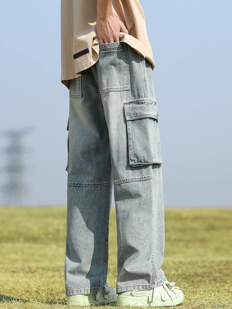 Fashion Retro Jeans Men's Straight Handsome 2024 New Denim Trousers Loose Wide-Leg Pants Multi-Pocket Men's Solid Color Pants