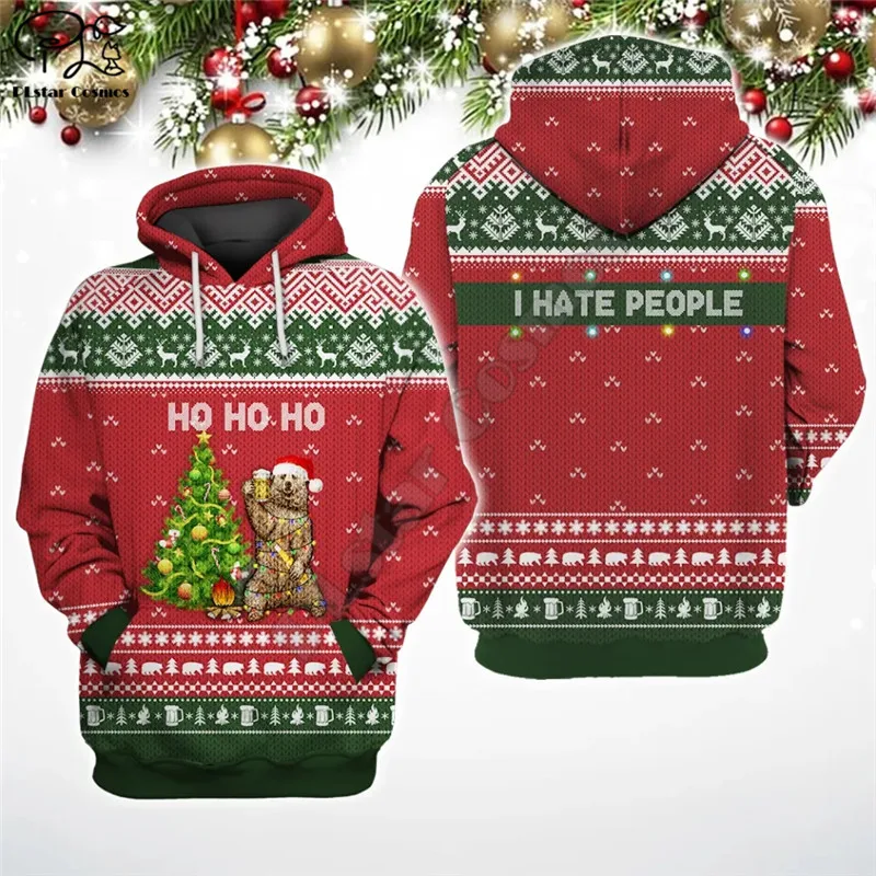 Bear Light I Hate People Ugly Christmas Sweater Camping Knitting 3D Printed Hoodies Sweatshirts Zip Hooded Men/Women Streetwear