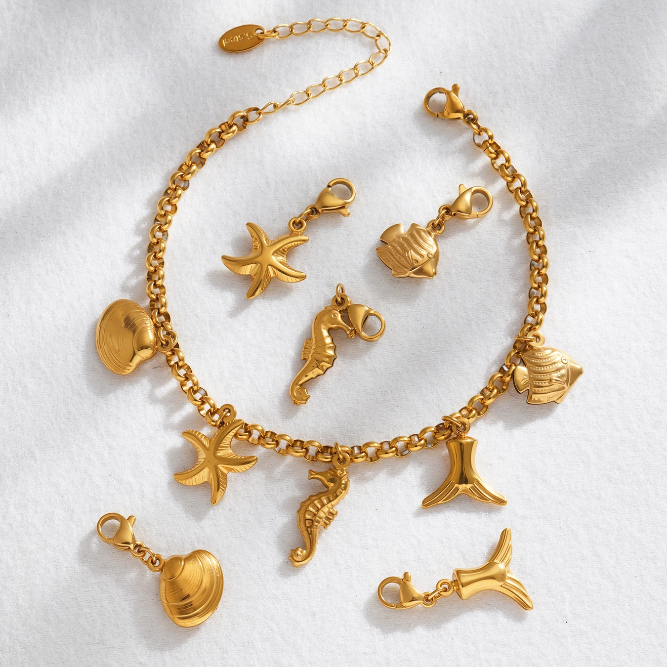 316 Edelstahl Herz-Armband Damenmode Muschel-Elefanten-Anhänger 18K Vergoldetes Handarmband Verblasst Nicht Schmuck – Detail 14